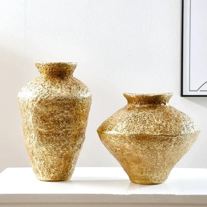 Rustic textured golden vase resin handicraft – living room decor