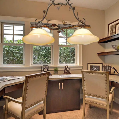 Rustic twig scalloped opal glass ceiling light – bedroom bird pendant
