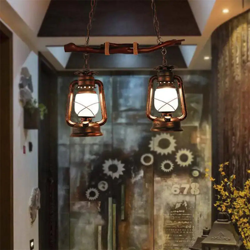 Rustic vintage aged copper 2-light lantern island dining room light