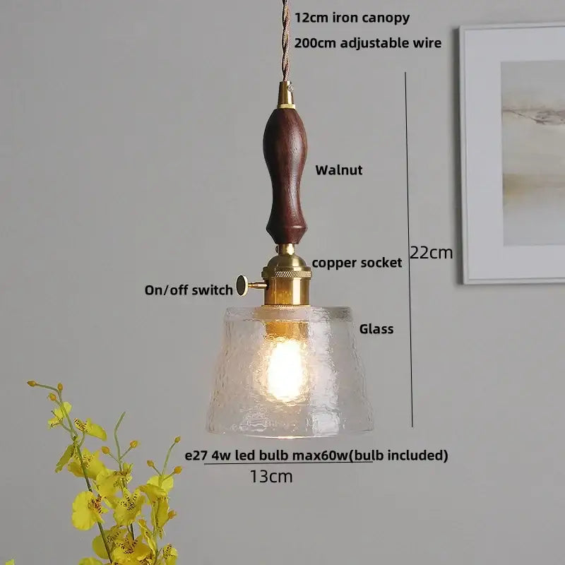 Rustic walnut and brass cullet glass led pendant dining room light