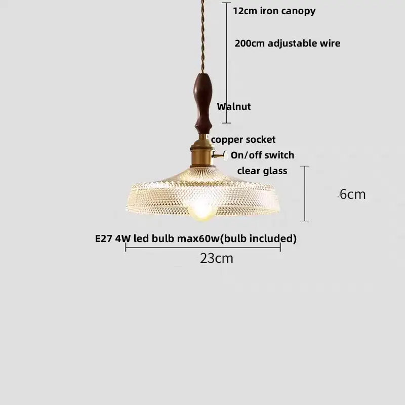Rustic walnut and brass cullet glass led pendant dining room light