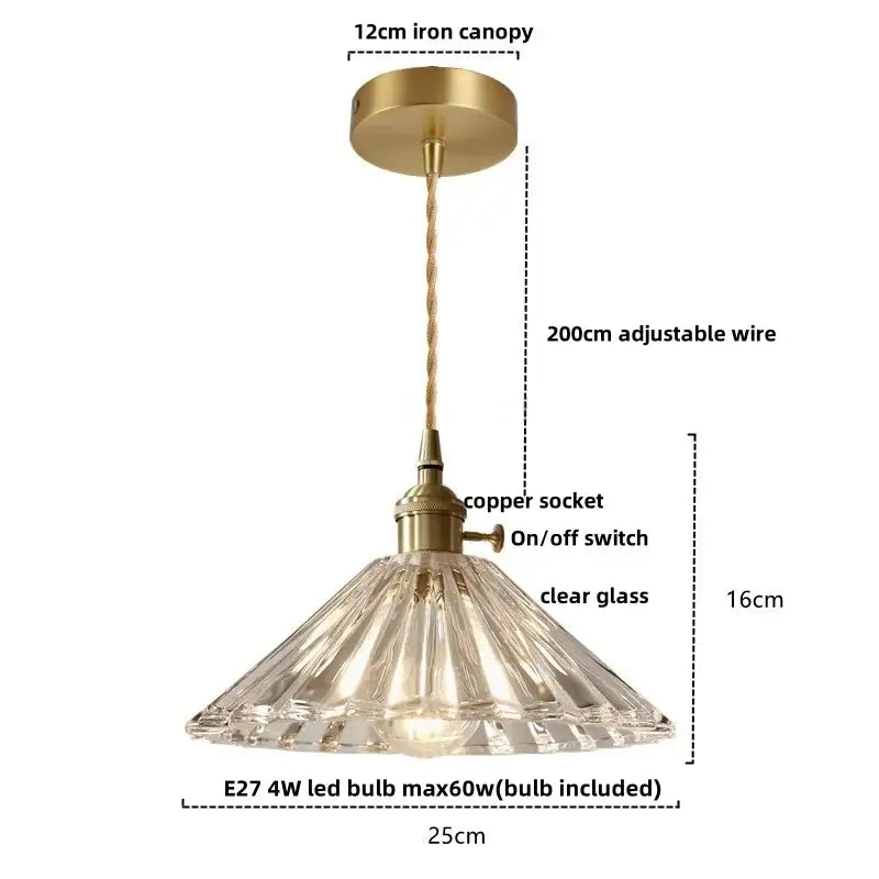 Rustic walnut and brass cullet glass led pendant dining room light