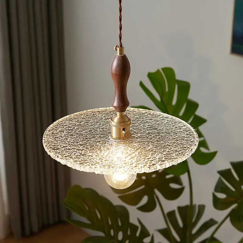 Rustic walnut and brass cullet glass led pendant dining room light