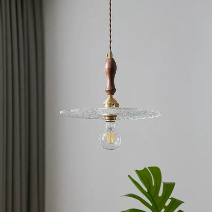 Rustic walnut and brass cullet glass led pendant dining room light