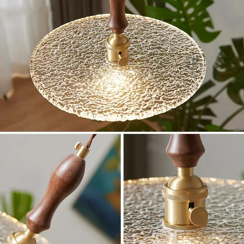 Rustic walnut and brass cullet glass led pendant dining room light
