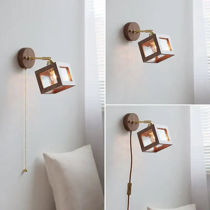 Rustic walnut and brass glass wall light fixture bedroom sconce