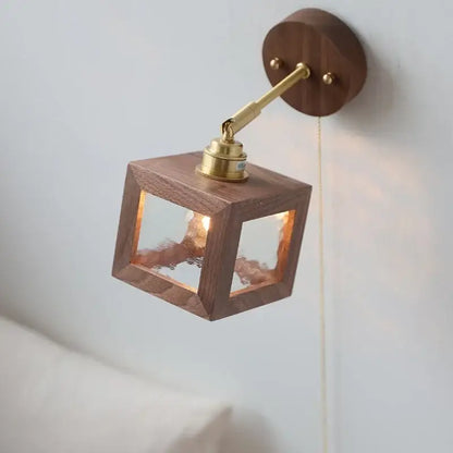 Rustic walnut and brass glass wall light fixture bedroom sconce