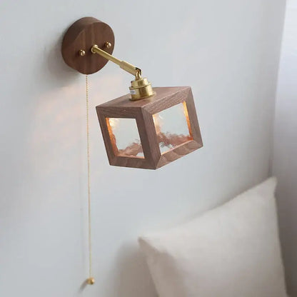 Rustic walnut and brass glass wall light fixture bedroom sconce