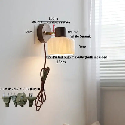 Rustic walnut and brass led wall lamp bedroom textured glass shade