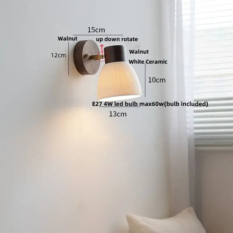 Rustic walnut and brass led wall lamp bedroom textured glass shade