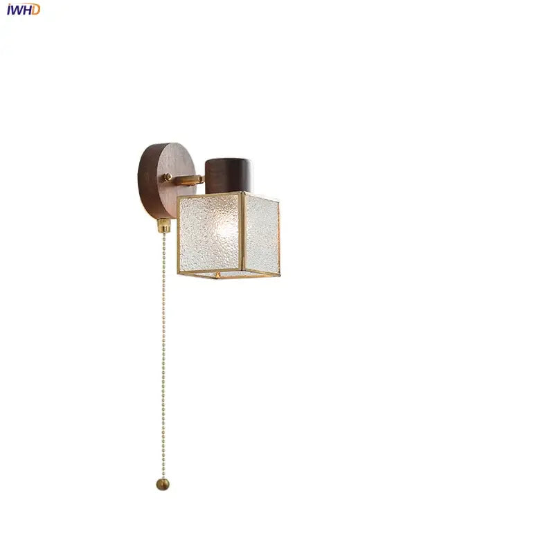 Rustic walnut and brass led wall lamp bedroom textured glass shade