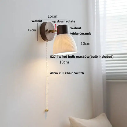 Rustic walnut and brass led wall lamp bedroom textured glass shade