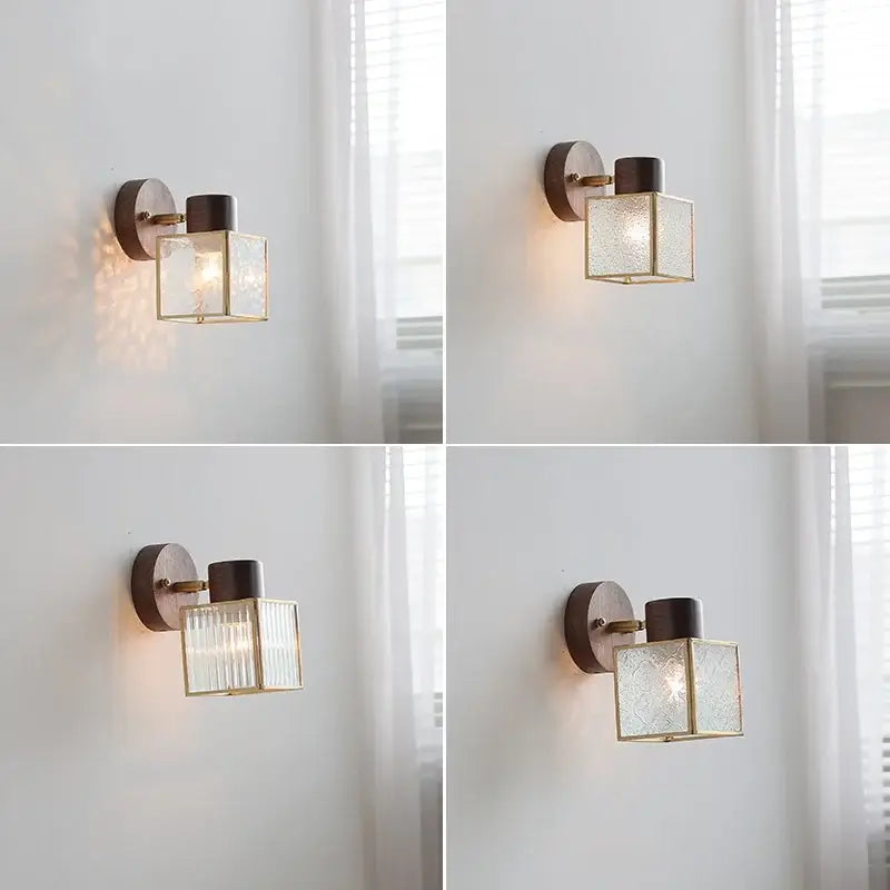 Rustic walnut wood and brass wall sconce – bedroom glass fixture