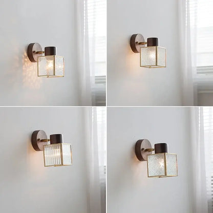 Rustic walnut wood and brass wall sconce – bedroom glass fixture