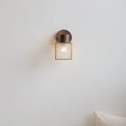 Rustic walnut wood and brass wall sconce – bedroom glass fixture