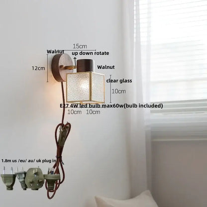 Rustic walnut wood and brass wall sconce – bedroom glass fixture