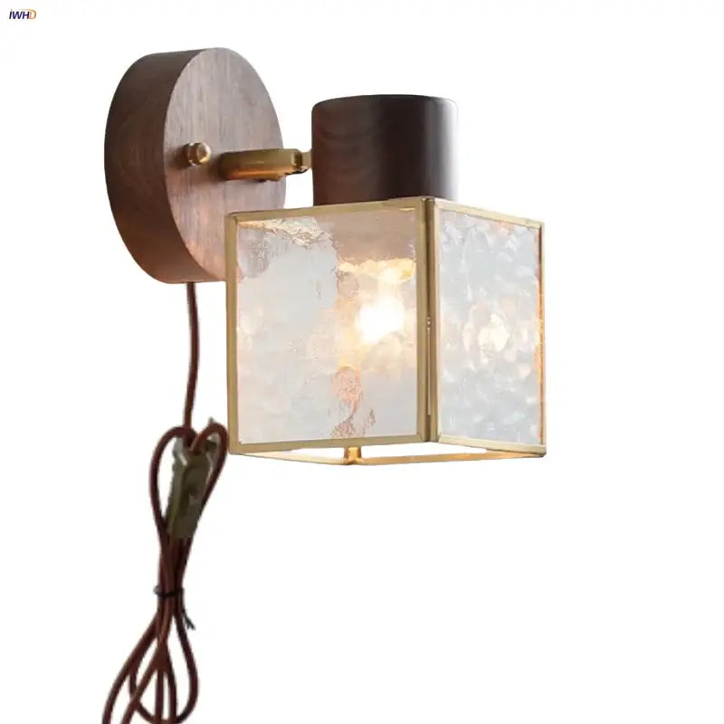 Rustic walnut wood and brass wall sconce – bedroom glass fixture