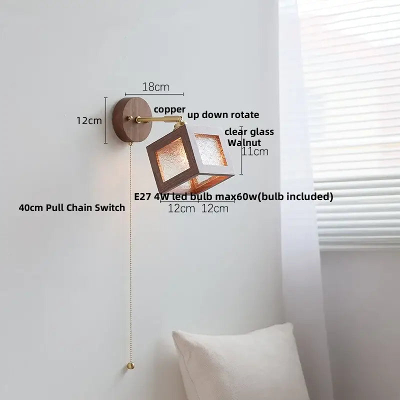 Rustic walnut wood and brass wall sconce – bedroom glass fixture