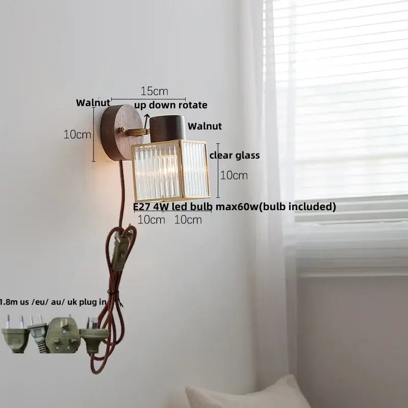 Rustic walnut wood and brass wall sconce – bedroom glass fixture