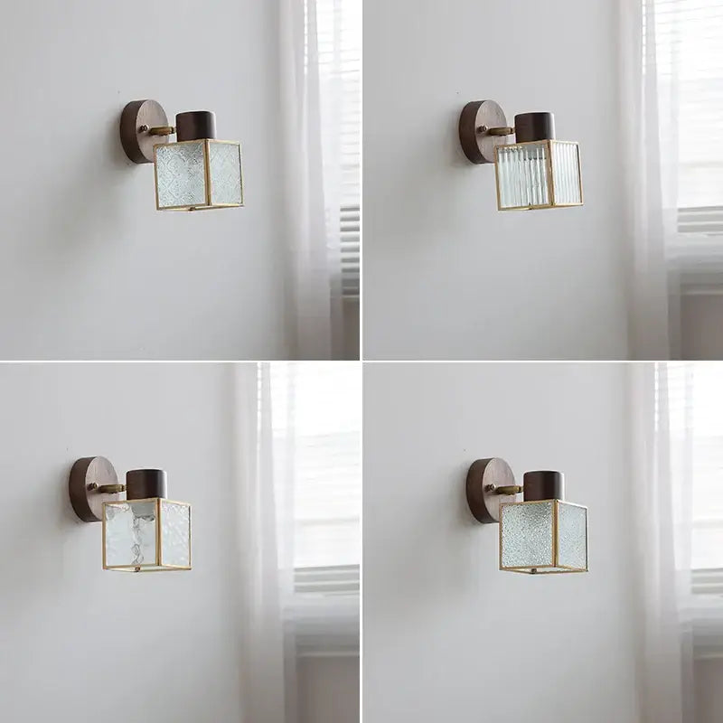 Rustic walnut wood and brass wall sconce – bedroom glass fixture