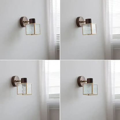Rustic walnut wood and brass wall sconce – bedroom glass fixture