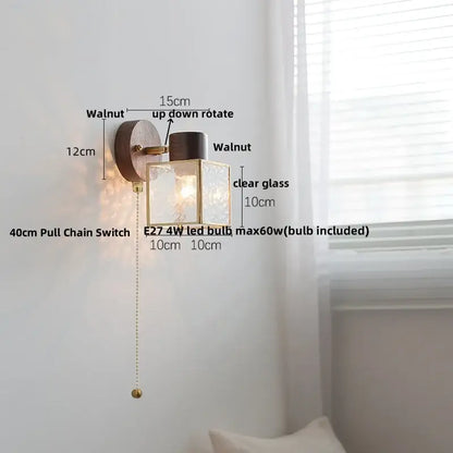 Rustic walnut wood and brass wall sconce – bedroom glass fixture
