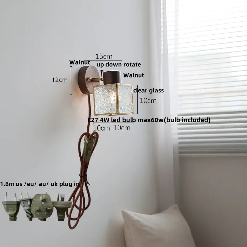 Rustic walnut wood and brass wall sconce – bedroom glass fixture