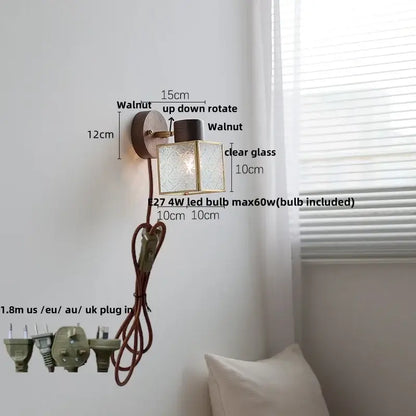 Rustic walnut wood and brass wall sconce – bedroom glass fixture