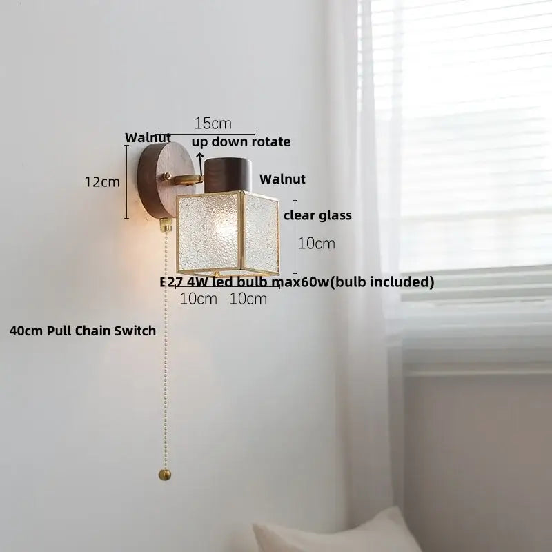 Rustic walnut wood and brass wall sconce – bedroom glass fixture