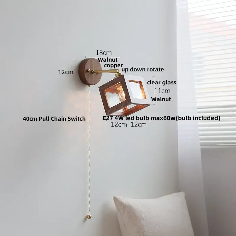 Rustic walnut wood and brass wall sconce – bedroom glass fixture