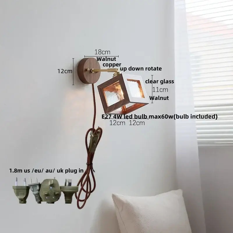 Rustic walnut wood and brass wall sconce – bedroom glass fixture