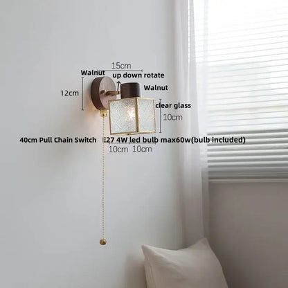Rustic walnut wood and brass wall sconce – bedroom glass fixture