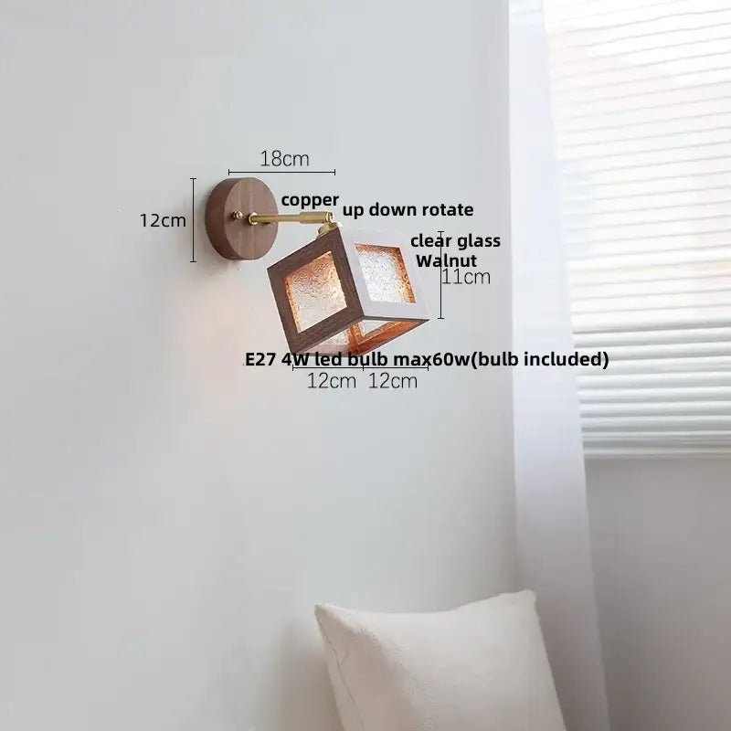 Rustic walnut wood and brass wall sconce – bedroom glass fixture