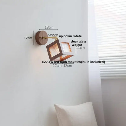 Rustic walnut wood and brass wall sconce – bedroom glass fixture