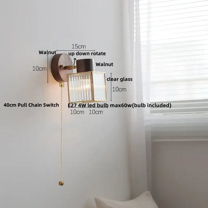 Rustic walnut wood and brass wall sconce – bedroom glass fixture
