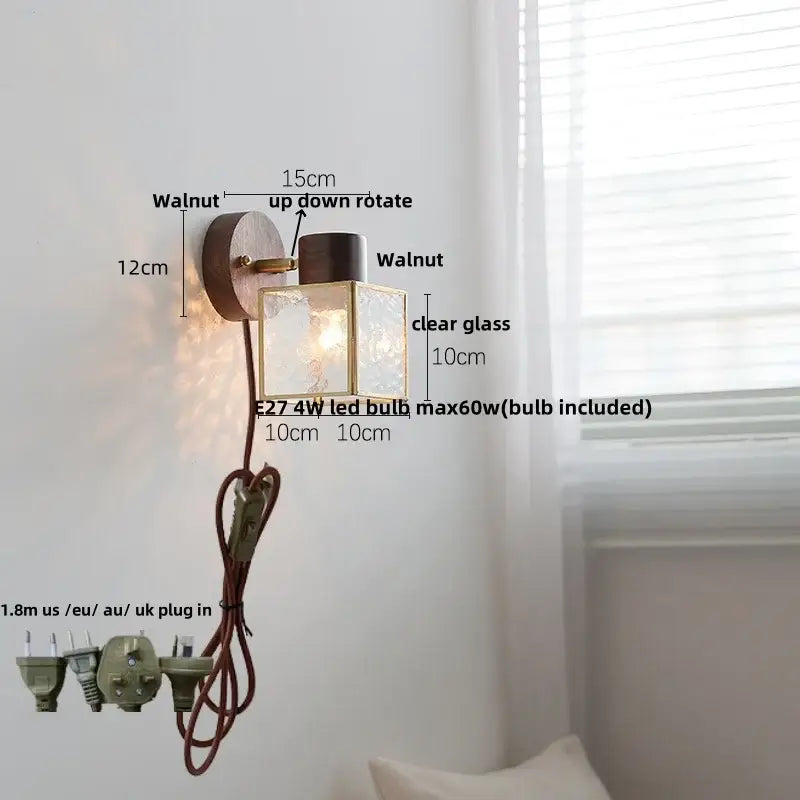 Rustic walnut wood and brass wall sconce – bedroom glass fixture