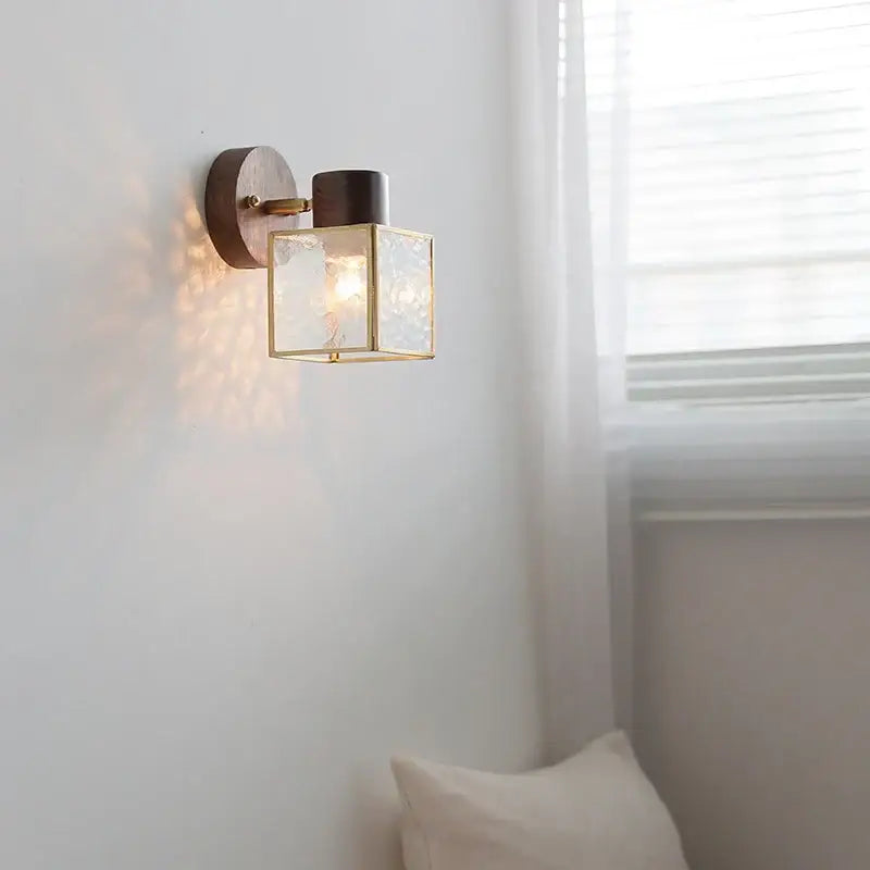 Rustic walnut wood and brass wall sconce – bedroom glass fixture