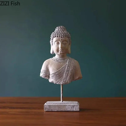 Rustic weathered bronze buddha head statue set living room decor