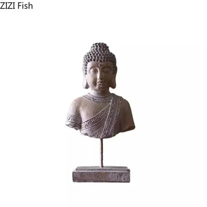 Rustic weathered bronze buddha head statue set living room decor
