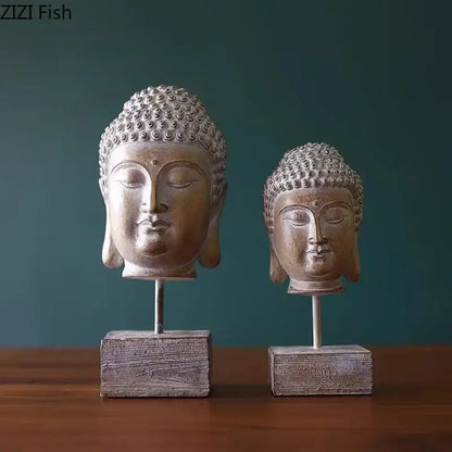 Rustic weathered bronze buddha head statue set living room decor