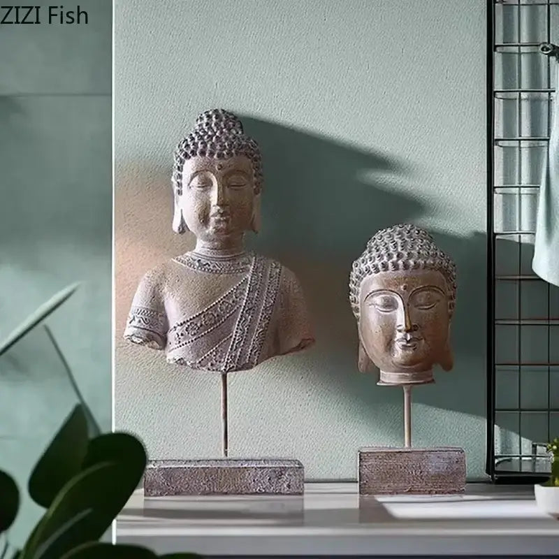 Rustic weathered bronze buddha head statue set living room decor