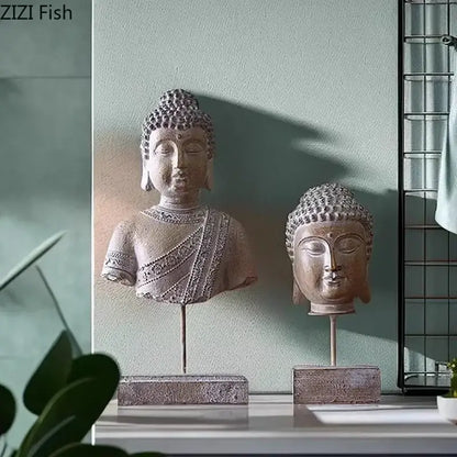 Rustic weathered bronze buddha head statue set living room decor