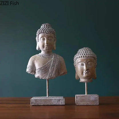 Rustic weathered bronze buddha head statue set living room decor