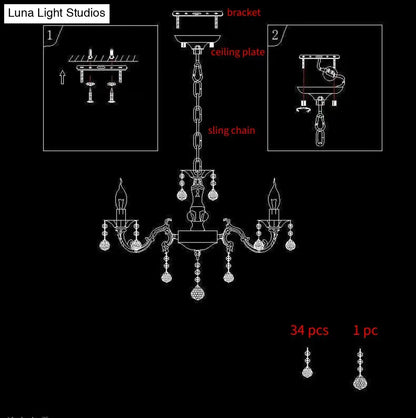 Rustic white candle suspension lamp with crystals corridor chandelier