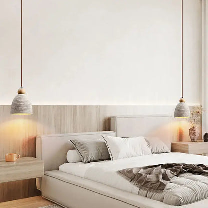 Rustic white concrete cement pendant light dining room wood detail