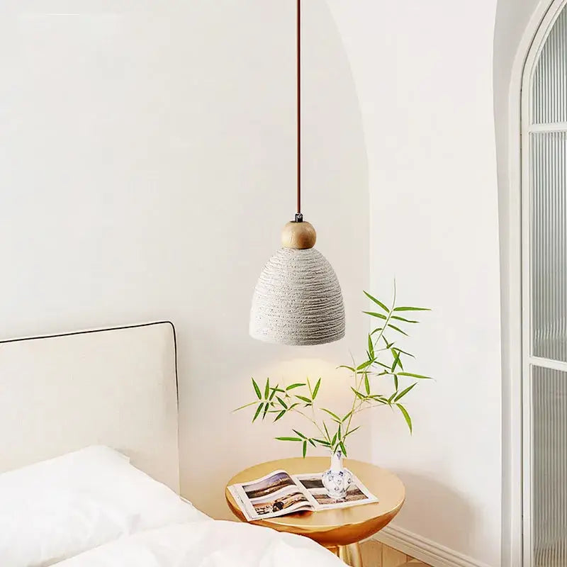 Rustic white concrete cement pendant light dining room wood detail