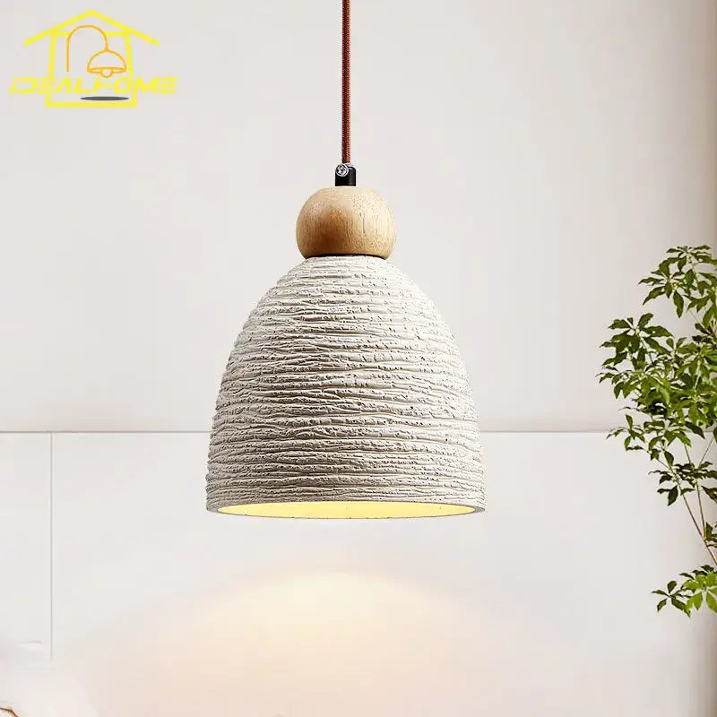 Rustic white concrete cement pendant light dining room wood detail