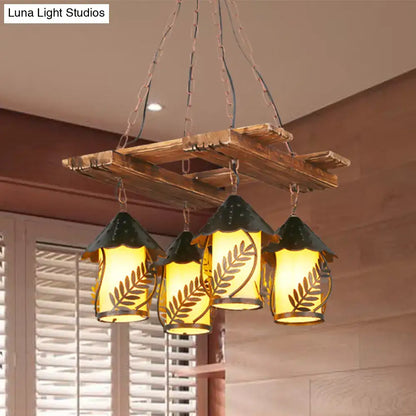 Rustic white fabric clear glass wooden chandelier dining room light