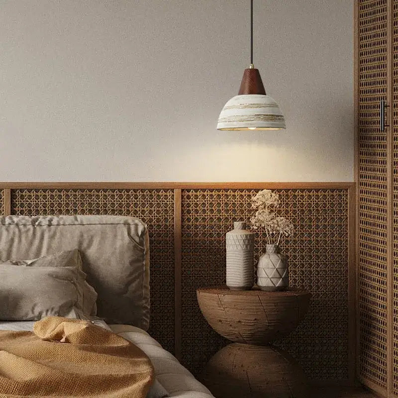 Rustic white & wood ceramic pendant light – kitchen led hanging lamp