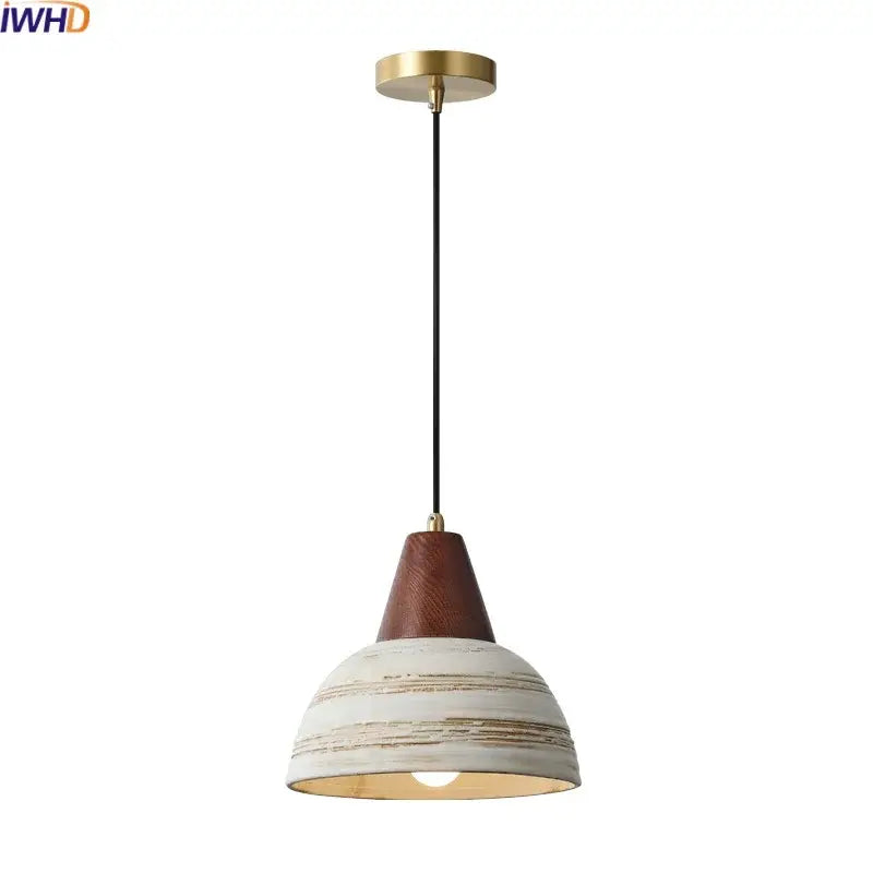 Rustic white & wood ceramic pendant light – kitchen led hanging lamp